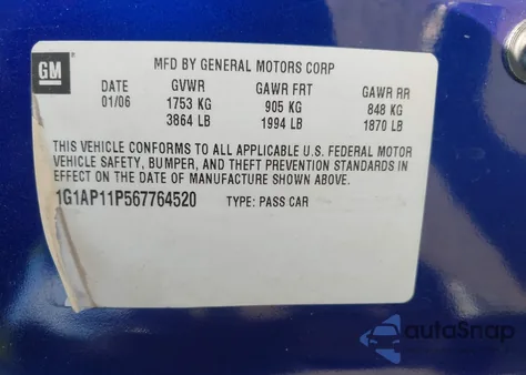 2006 Chevrolet Cobalt Ss Supercharged z USA, uszkodzony, nr VIN 1G1AP11P567764520